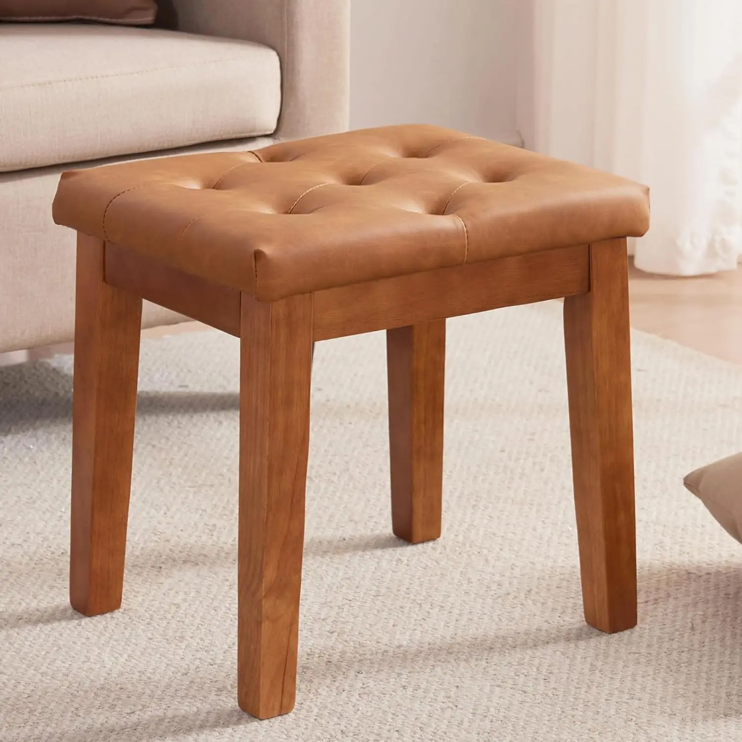 

Tufted Faux Leather Ottoman Stool with Padded Seat and Solid Wood Legs in Cognac Brown