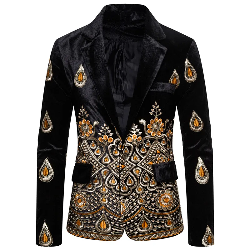 High Quality Men\'s  Blazer Costume Stage Jacket Suit Male Velvet  Gold Thread Embroidered Dress Suit for Men