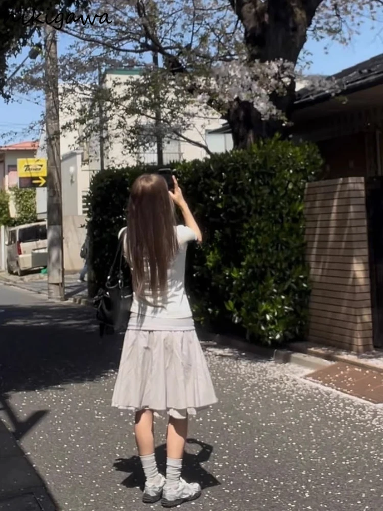 تنورة نسائية كلاسيكية مرقعة من Jupe اليابانية 2025 Faldas Mujer De Moda عالية الخصر فضفاضة Saia بلون سادة تنانير صيفية حلوة #4