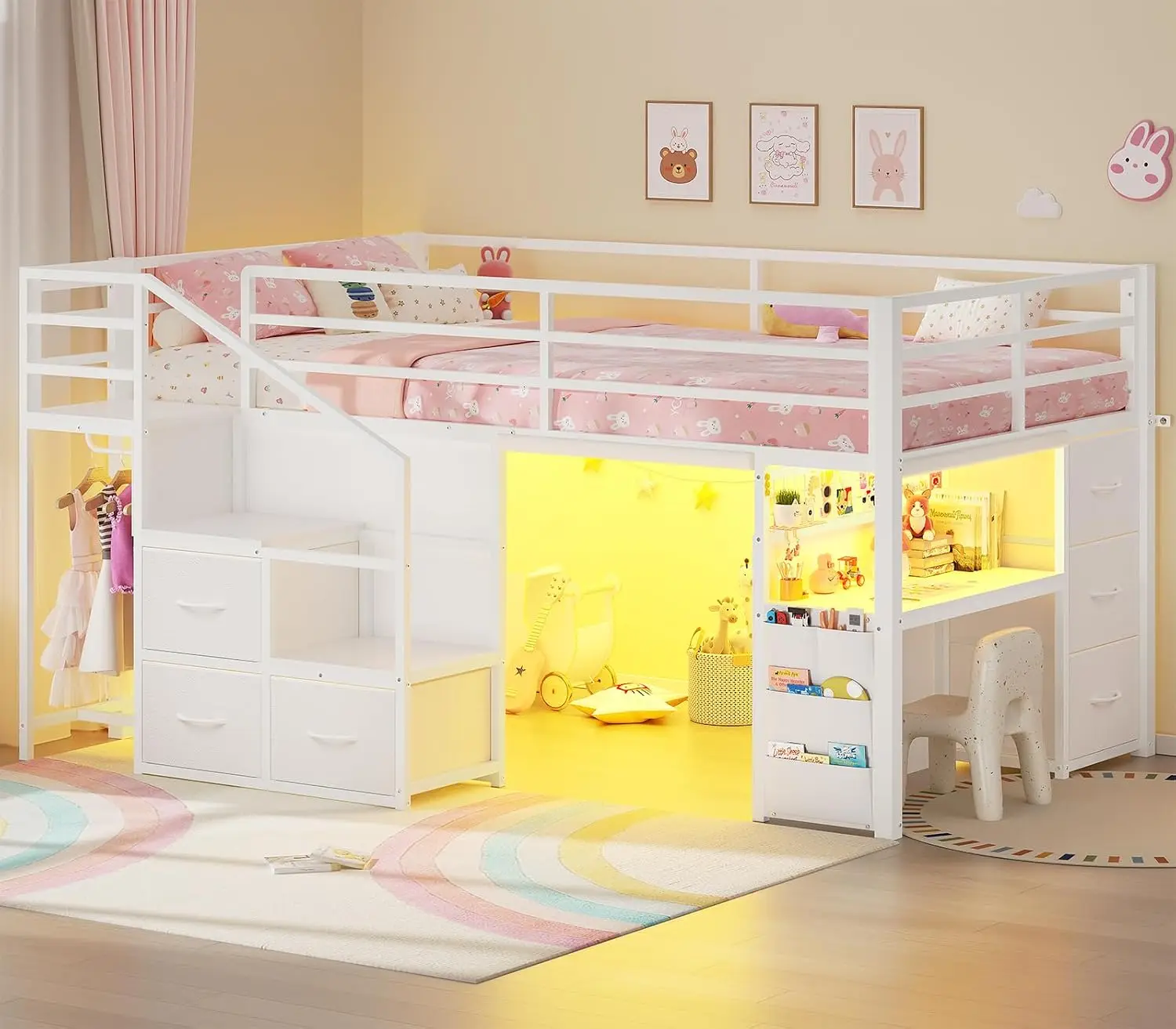 BTHFST Low Loft Bed Twin Size with Stairs, Desk, 6 Storage Drawers, White