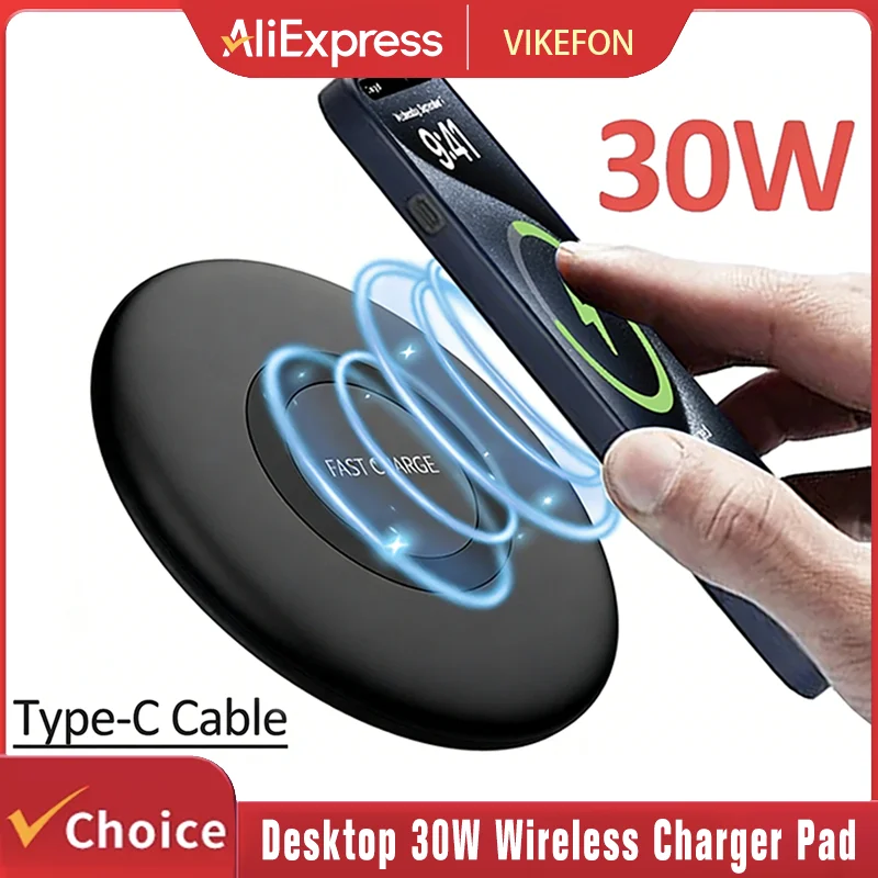 

Desktop 30W Phone Wireless Charger Pad For iPhone 17 16 15 14 13 12 Samsung Xiaomi 17 Pro Max Airpods Pro Fast Charging Station