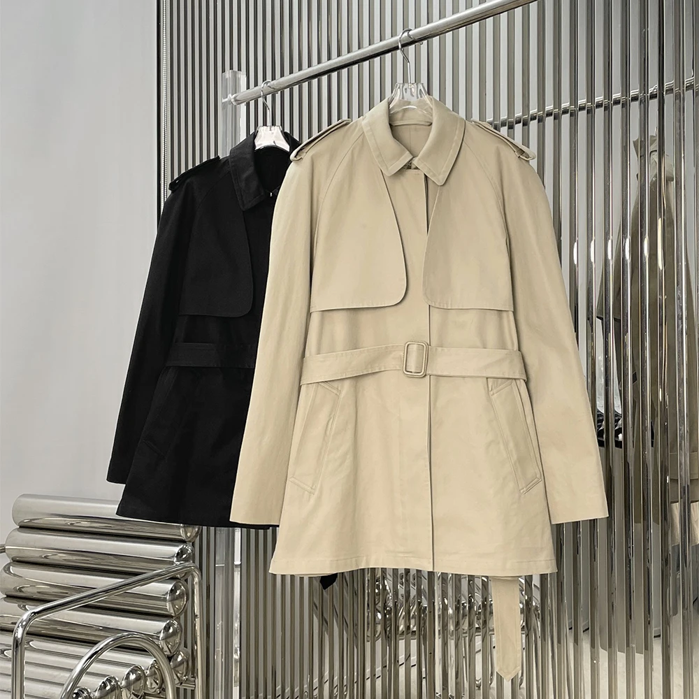 100% Cotton Women's Trench Coat 2026 New Short Belted Windbreaker Lapel Shoulder Epaulet Sleeveless Casual Fashion Outerwear