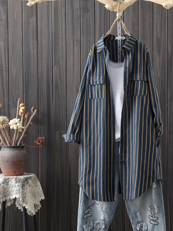 

Женский японский длинный полосатый винтажный свободный крой из чистого хлопка на пуговицах, универсальный повседневный износостойкий к деформации