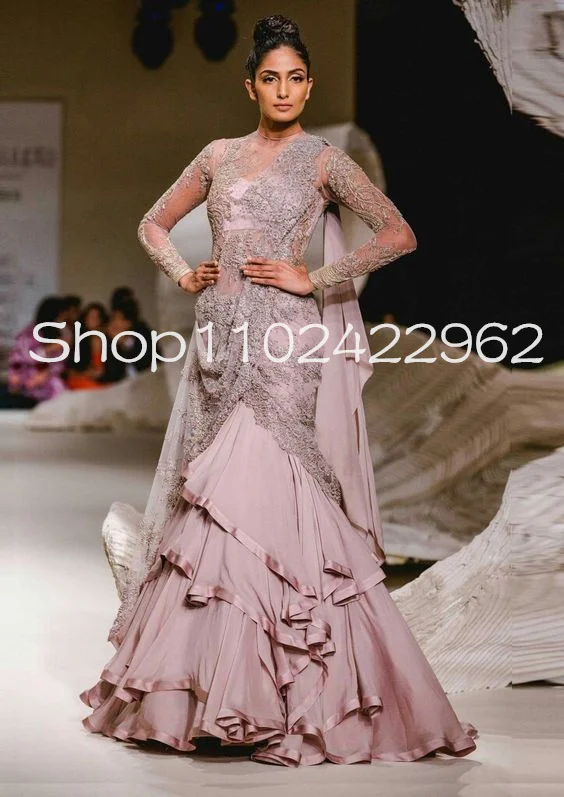 Customized  Rose Pink Indian Caftan Prom Occasion Dresses with Cape Veil Long Sleeve Sheer Mesh Lace Saree  Lehenga Evening Gown