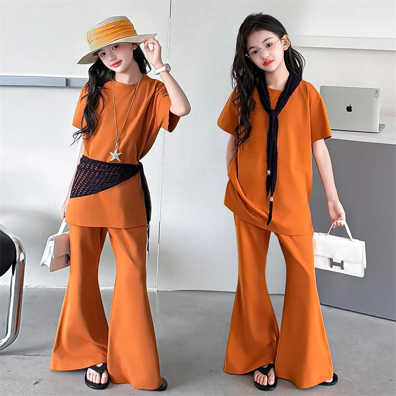 Big Girls Clothing Sets Short Sleeve Top + Flare Pants Two-Pieces Suits New Arrivals Casual Solid Color Children Outfits 10 12Y