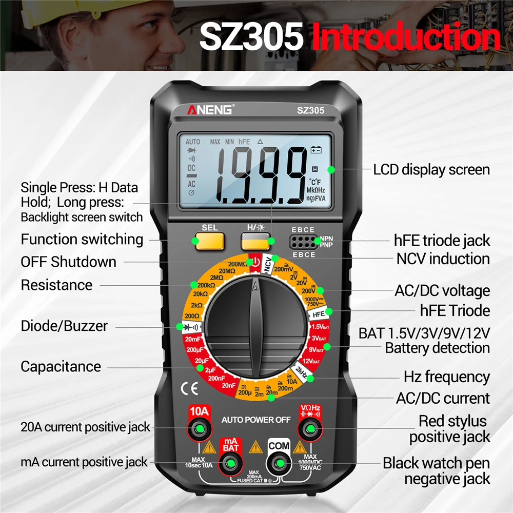 ANENG SZ305 SZ304 Digital Multimeter Tester 2000/ 1999 Counts Auto Mmultimetro AC/DC LCD Multimeter True Rms Tranistor Meter