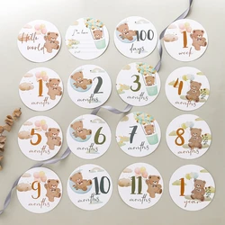 16Pcs Paper Baby Milestone Number Monthly Memorial Cards Newborn Cartoon Bear Engraved Age Photography Props Baby Birthing Gift