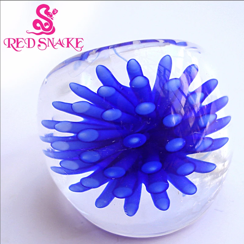 

2 PCS RED SNAKE Fashion Ring Handmade with Dark Blue flower Translucent Murano Glass Rings