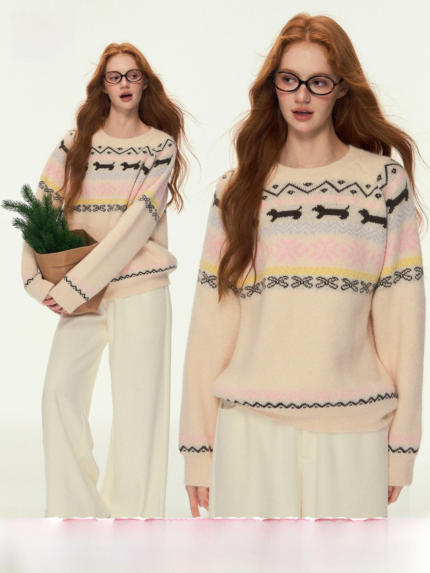 

FFREEDOM Thiened Long Sve round Ne Вязаный свитер Island Fair Isle Свободный женский теплый Fce Dog Sausage Winter Aut...