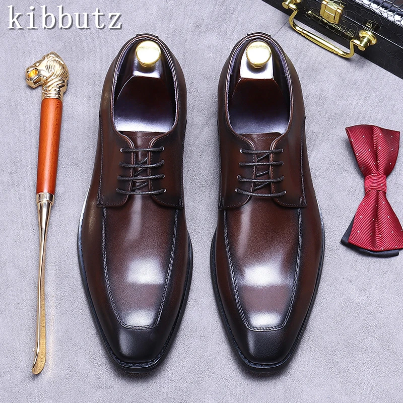 

Men Genuine Cow Leather Business Shoes Designer New British Lace Up Derby Formal Oxford Shoes for Wedding Party