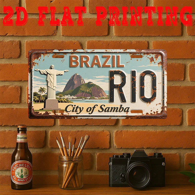 2D Flat, 1pc Vintage Rio De Janeiro Brazil Metal Tin Sign - Christ the Redeemer & Copacabana Beach Wall Art, Portuguese BR/PT Te