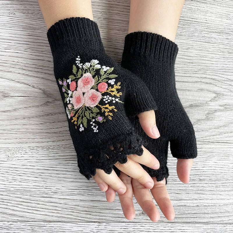 Women Wrist Arm Warmers Winter Warm Knit Fingerless Gloves with Embroidered Flowers Thumb Hole Mittens Casual Outwear