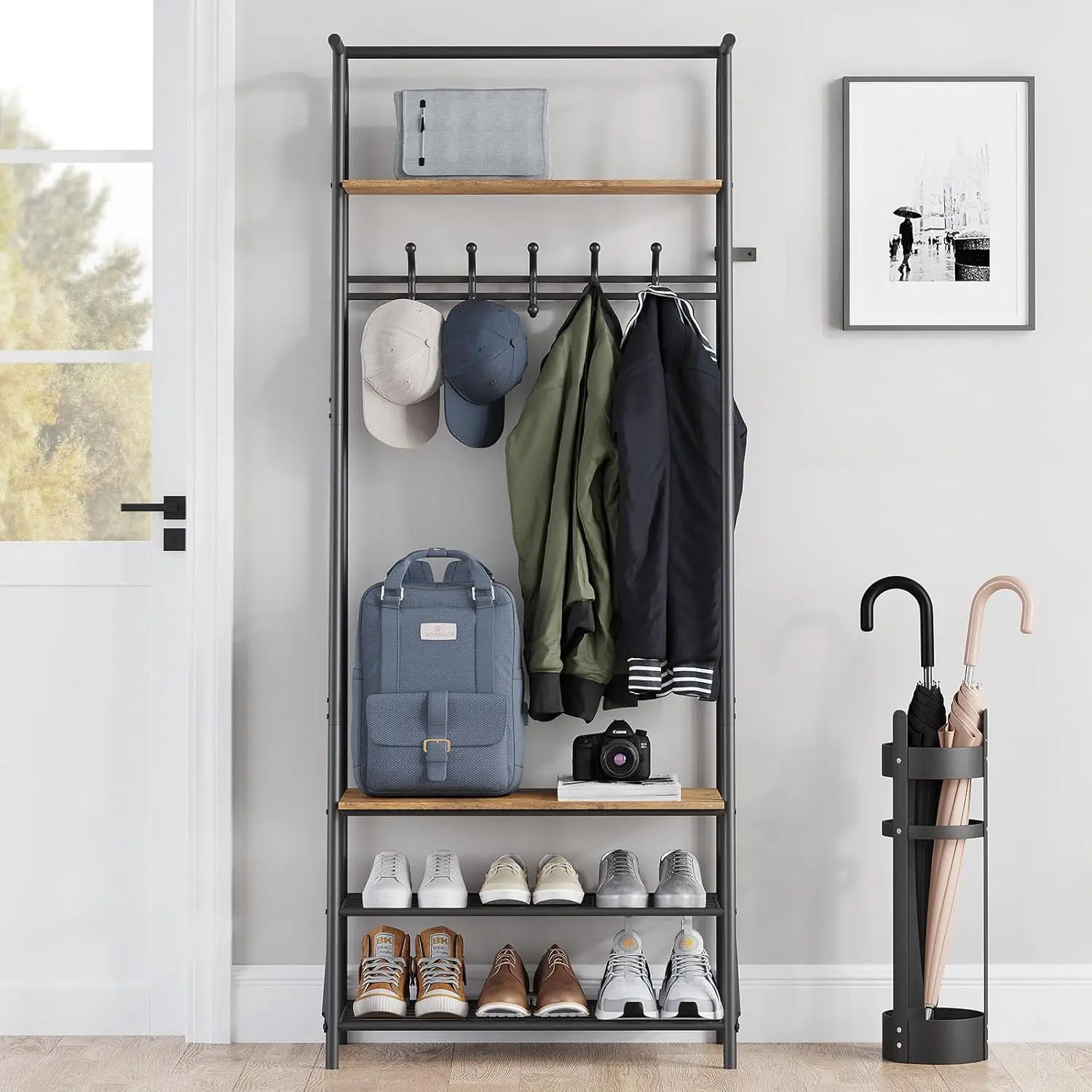

Home Coat Rack Hall Tree with Bench and Shoe Storage Entryway Bench with Coat Rack 5 Hooks and 3 Tier Shoe Storage Metal Frame