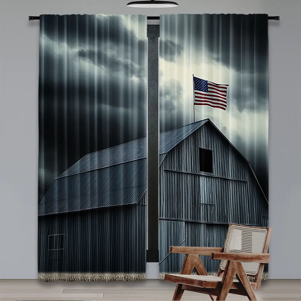 2Pcs American Flag Curtain American Flag In Hayloft Window Wooden Old House Dark Evening View For Bedroom Living Room And Dining