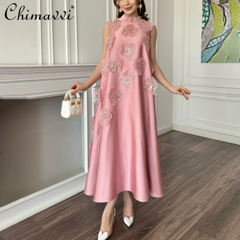 

American 3D Flowers Elegant Socialite Vintage Dresses Stand Collar Sleeveless Loose High Waist A-line Long Evening Dress Women