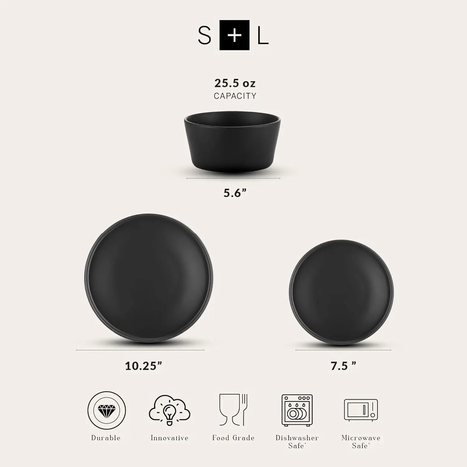 Celina Modern Juego de vajilla de 24 piezas de gres, platos para cena y ensalada, tazones de sopa, juego de platos para 8, negro