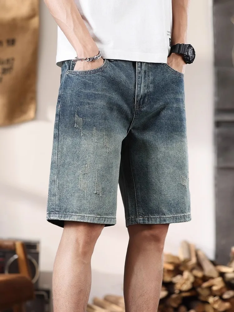 

Summer New Men's Faionable Casual Denim orts Five-Quarter Length Waed Wear-Resistant Straight Leg Mid-Waist Polyester F...