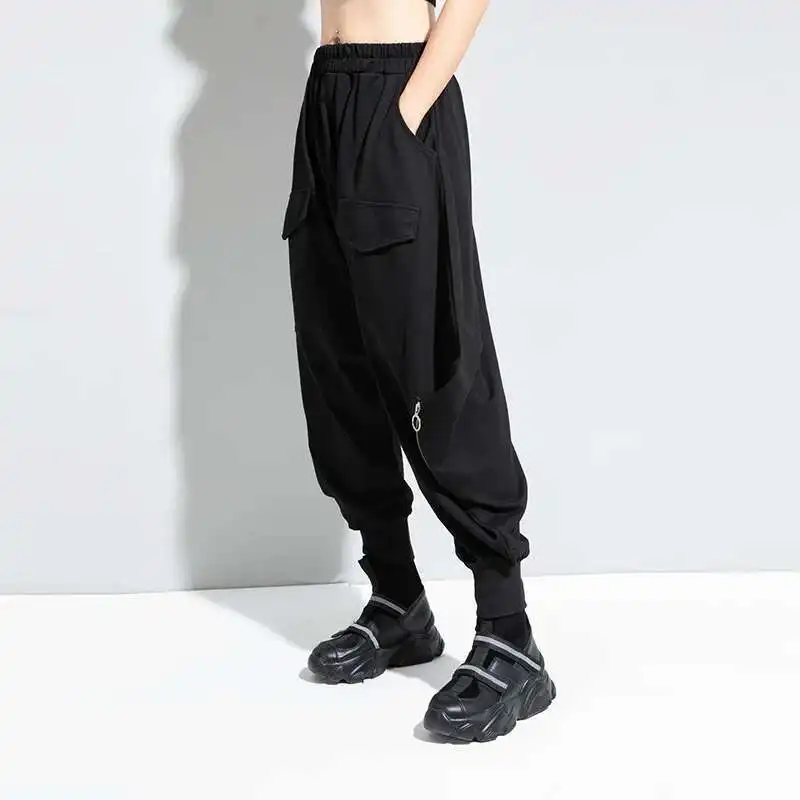 HKSH Autumn Winter New Women's Tide Dark Casual Elastic Waist Loose Punk Harem Pencil Pants Y2K Pocket Zipper Design Loose H2624