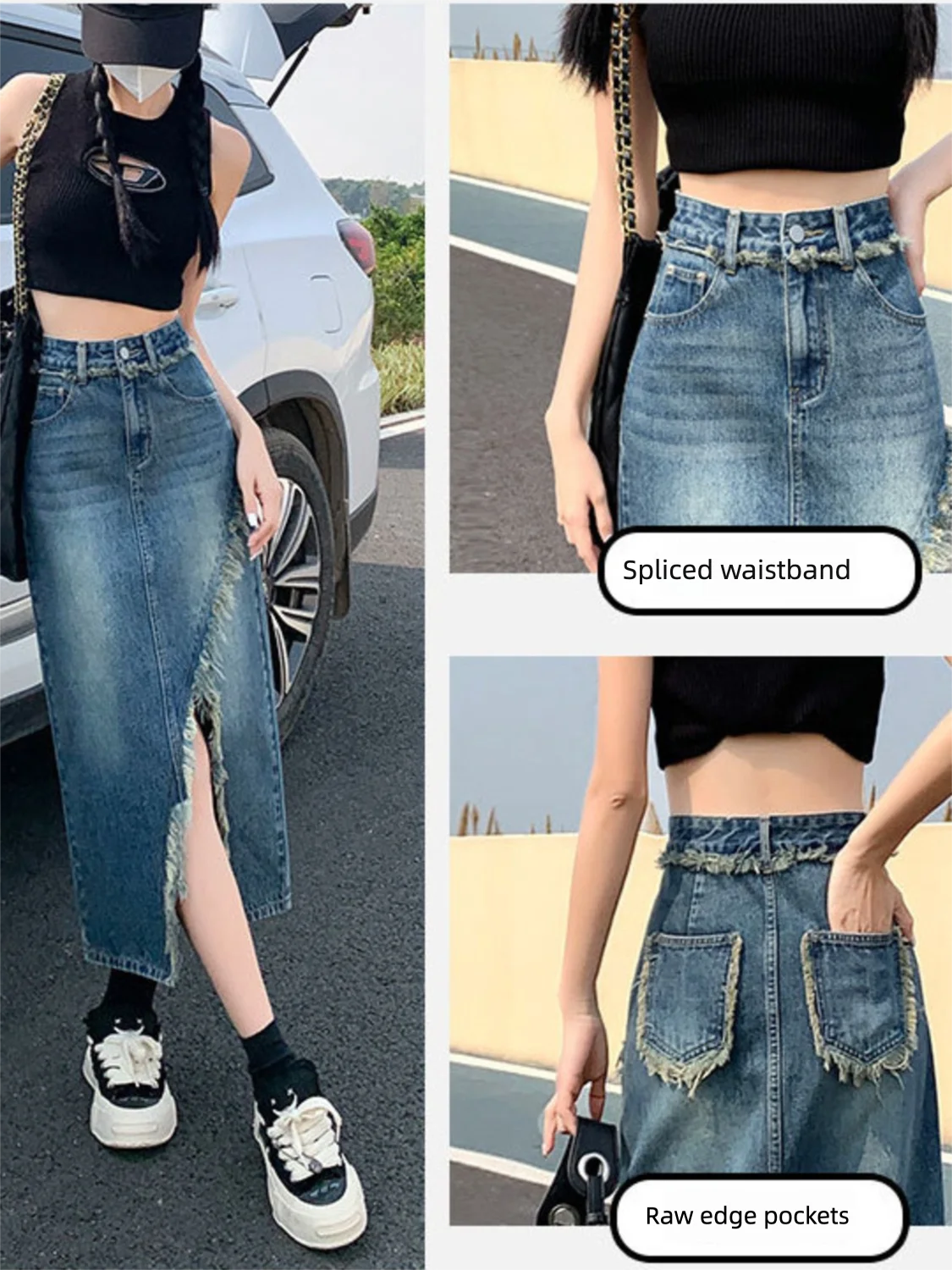 

Women's High Waist Denim Skirt A-Line Midi Skirt High Slit Raw Hem Distressed Vintage Jean Skort Y2K Streetwear