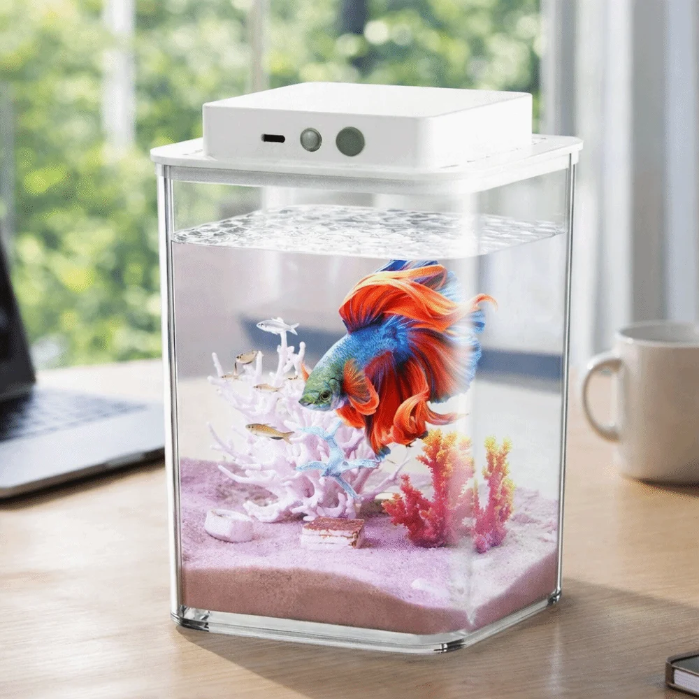 Transparent Betta Fish Tank Intelligent Sensing LED Light Fish Breeding Tank USB Charging Plastic Figure Display Case