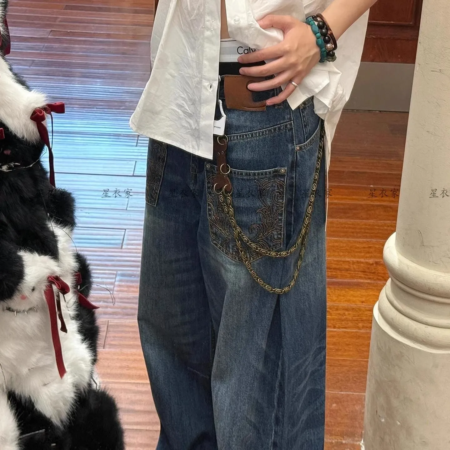 بنطلون جينز فضفاض مطرز كبير الحجم على الموضة من Streetwear Y2K Harajuku الهيب هوب عتيق بخصر منخفض وواسع الساق