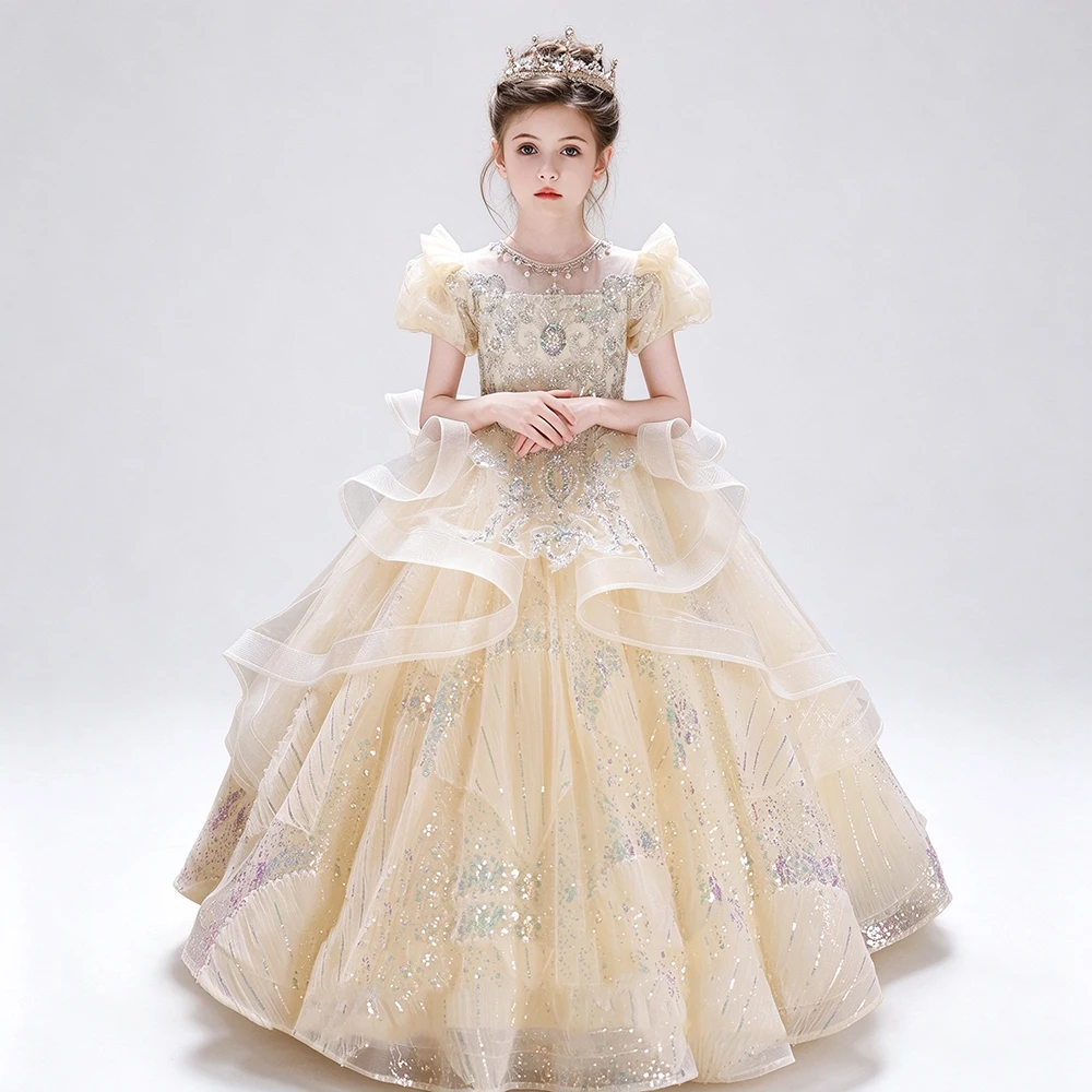 High End Princess Elegant Birthday Pageant Evening Gown Ruffle Tulle Girls Graduation Piano Recital Prom Wedding Party Dress