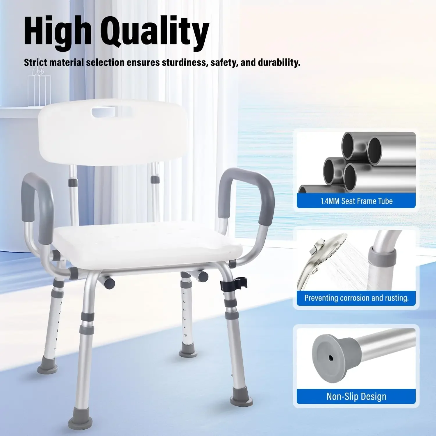 Bathroom Chair, Padded Armrest Bathtub Chair, Anti-Slip, Adjustable Height, Load-Bearing Capacity of 350 Pounds, Bathroom Decora image 6