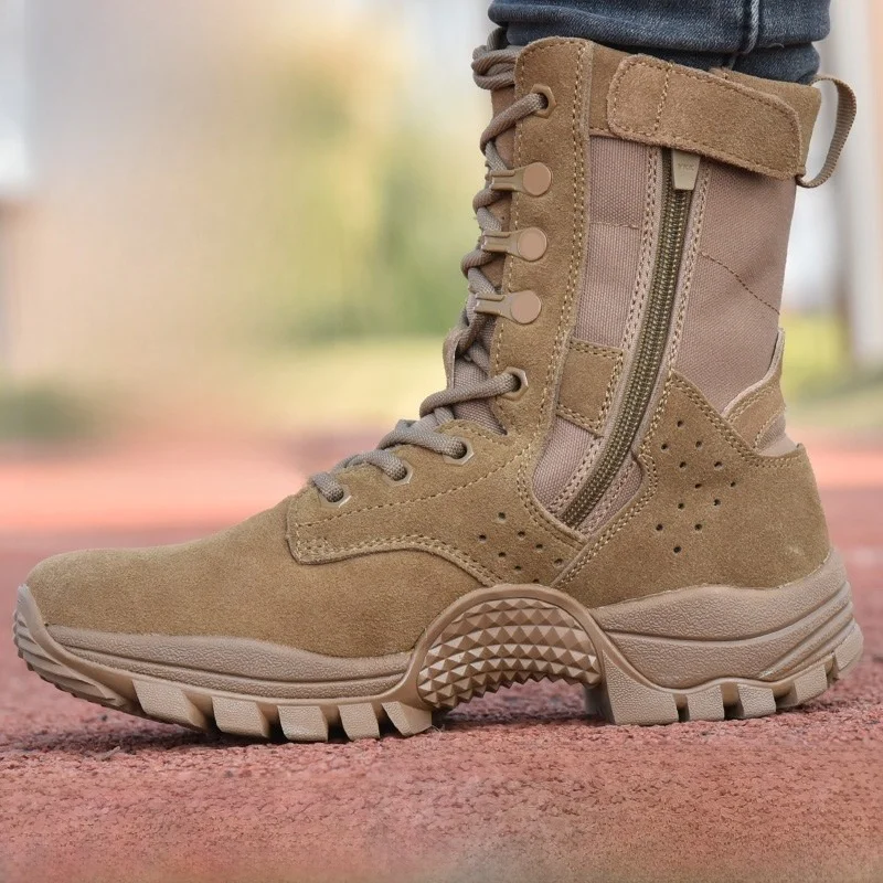 New Style Brown Tactical Boots Men's Super Lightweight Training Boots High Top Side Zipper Waterproof Piercing Resistant Dese...