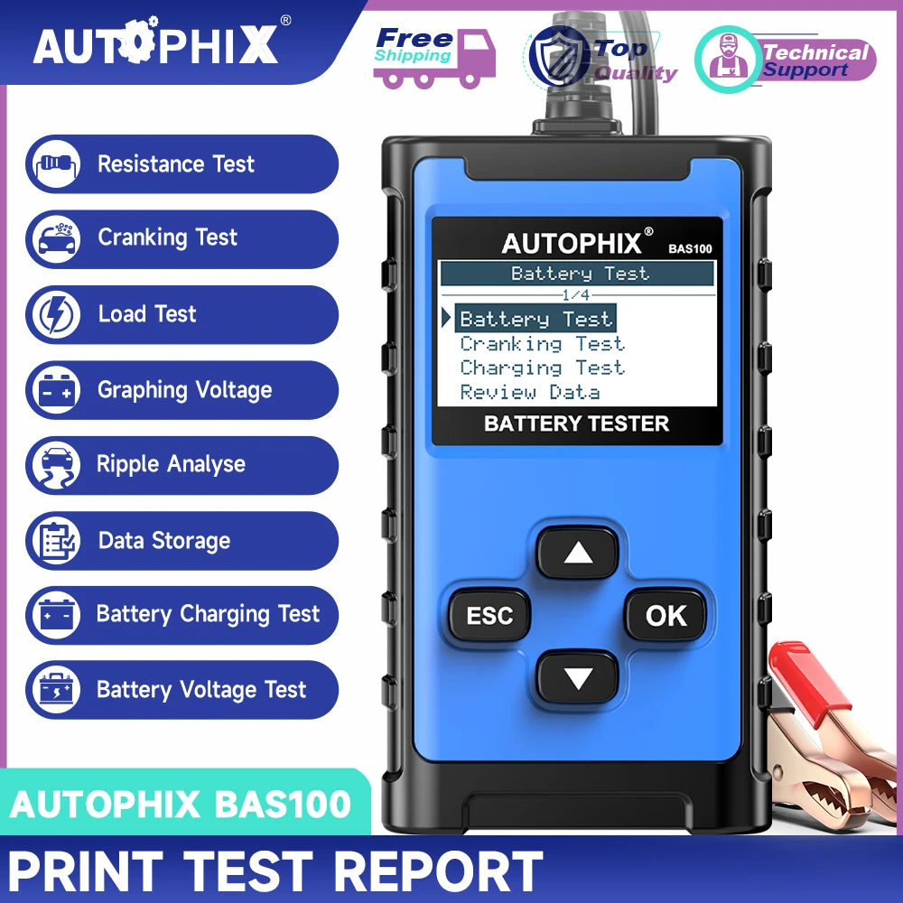 AUTOPHIX BAS100 12/24V Car Battery Tester Alternator Charging Cranking System Analyzer Load Tester Charging System Analyzer Car