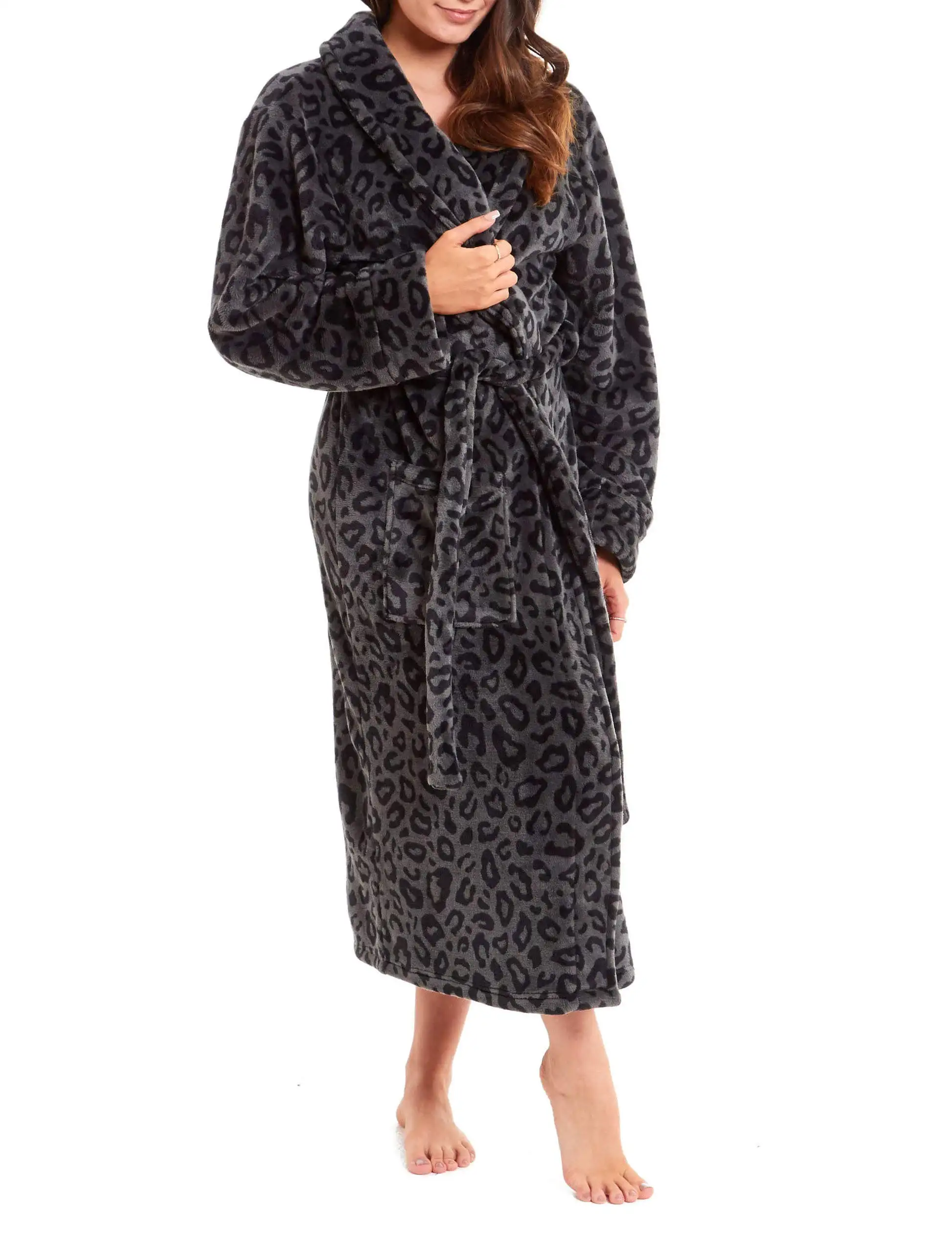 Classic Women Bathrobe V Neck Leopard Long Sleeve Sash Pregnant Party Sleepwear Draped Robe Maternity Photo Evening Dresses