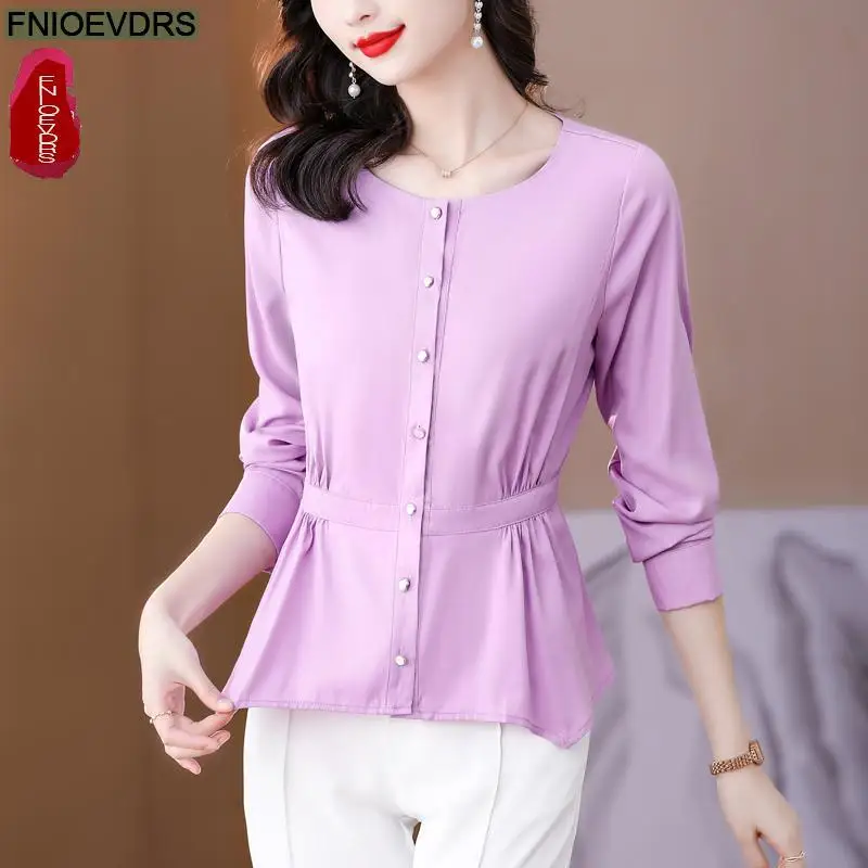 S-3XL 2023 Women Autumn Elegant Office Lady Work Button Basic Shirts Casual Slim Tunic Peplum Tops And Blouses Purple