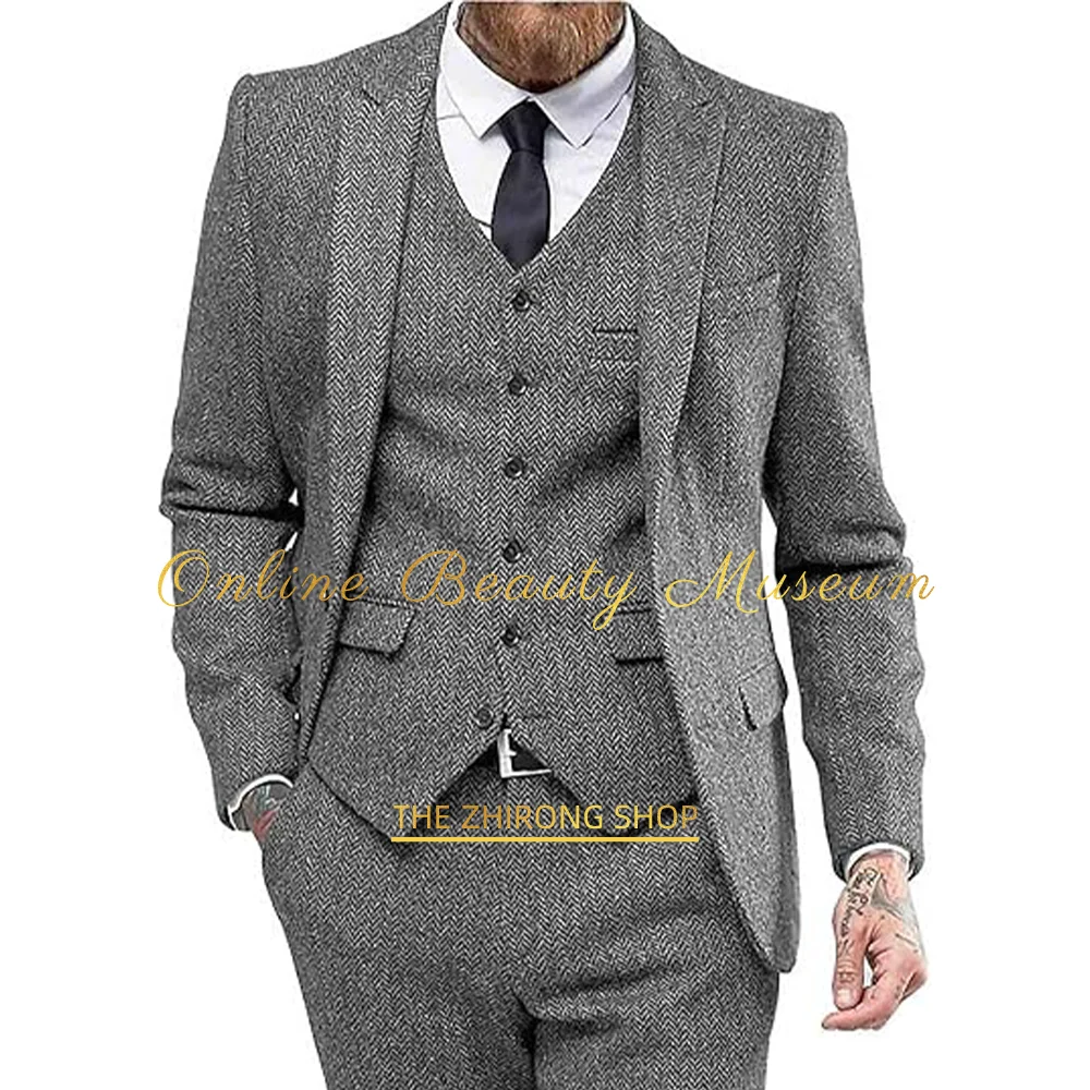 Men's Suit Classic Business 3 Piece Tailored Slim Fit Wedding Prom Party Dress Tuxedo Jacket Vest Pants Vintage Gray Tweed Suit