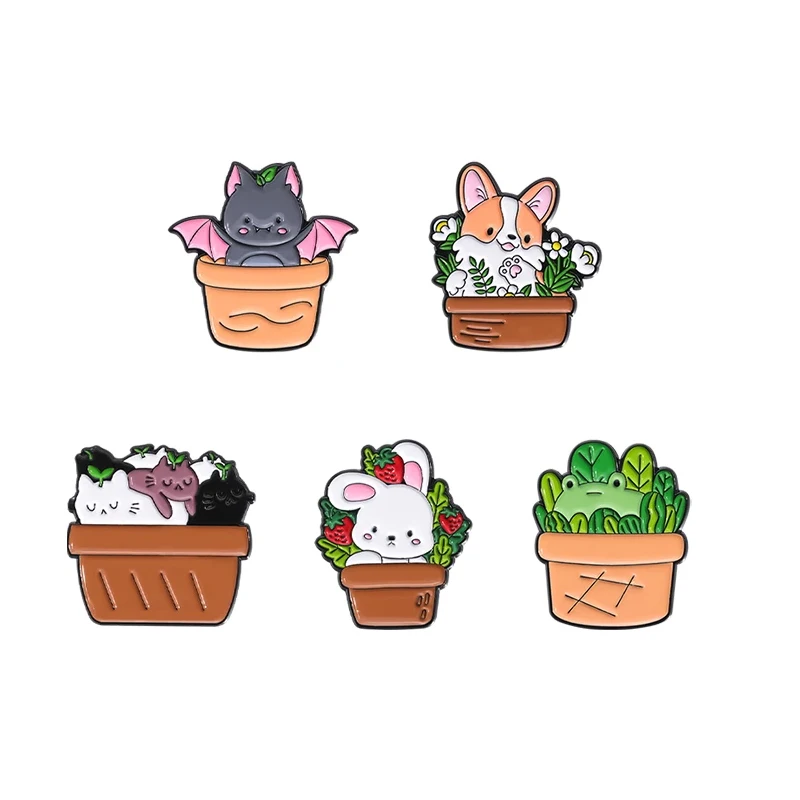 Potted Animal Enamel Pins Cat Bat Dog Rabbit Frog Plant Brooch Lapel Badges Cute Jewelry Gift for Friends Kids