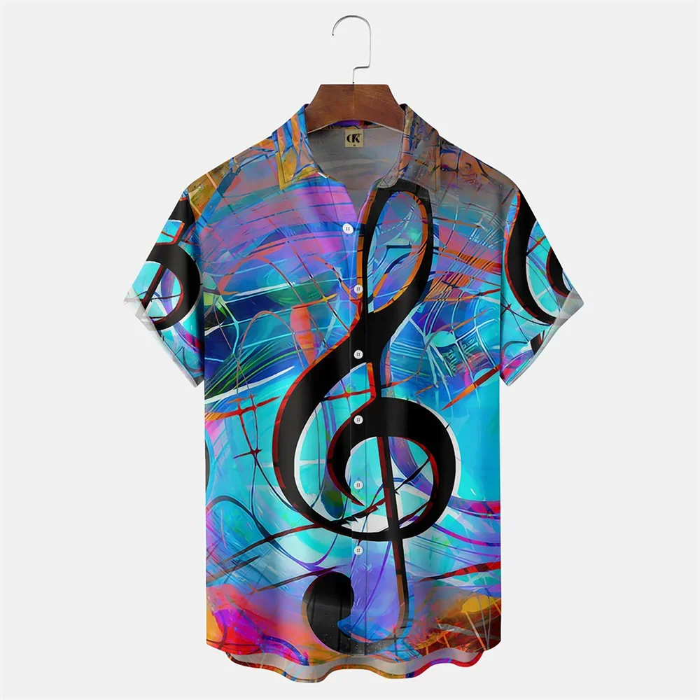 Camisa hawaiana con estampado de notas musicales en 3D para hombre, camisa informal holgada de manga corta, ropa de gran tamaño, 2023