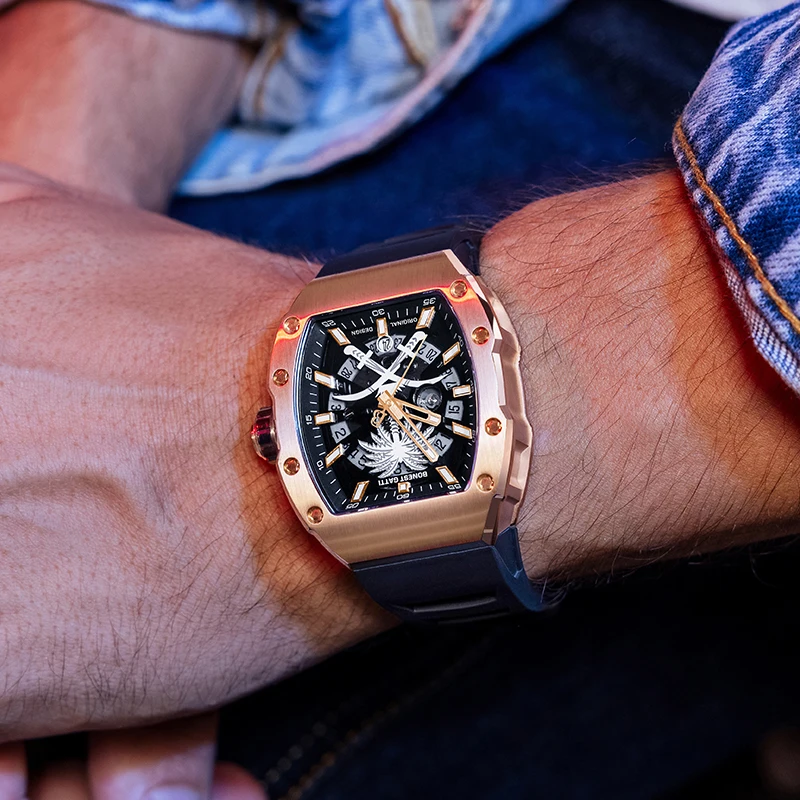 BONEST GATTI ドイツ製腕時計 メンズ 機械式 トノー型 自動巻き腕時計 ライトラグジュアリー ファッション - ココナッツグローブをテーマにした