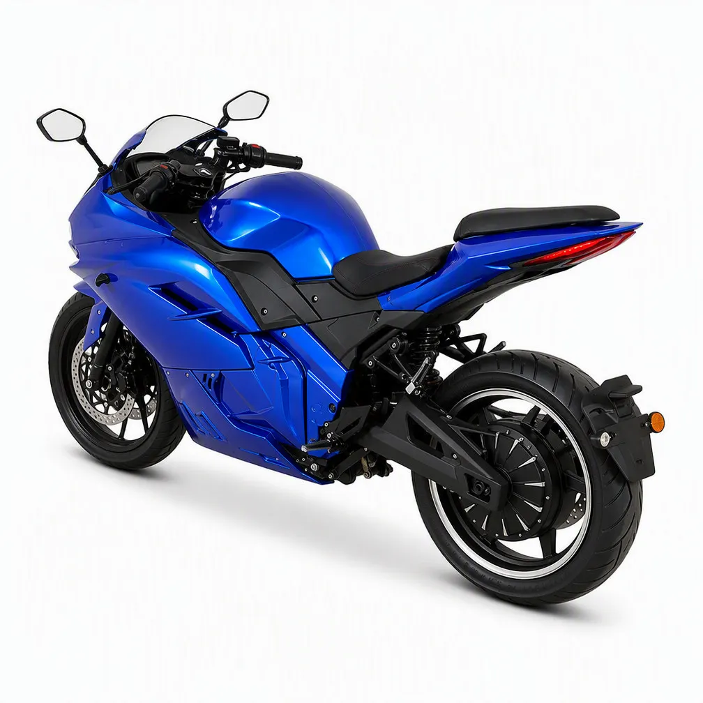 Cybern Full Fairing Electric Sport Motorcycle 3000W 72V Blue Two Seat Street Bike Front Disc Brake Distinct Rear Wheel Design