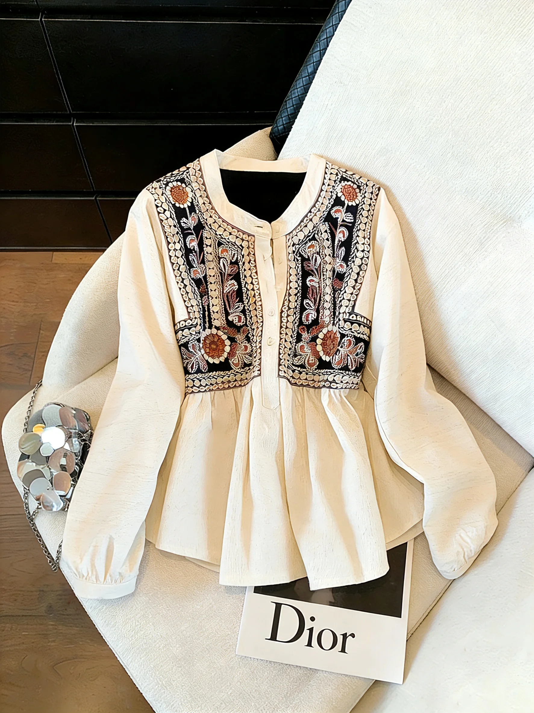 

French Style Loose Fit Embroidered Lantern Sleeve Shirt Women's Spring Autumn Fashion Thin Cotton Blend Top Holiday Wear