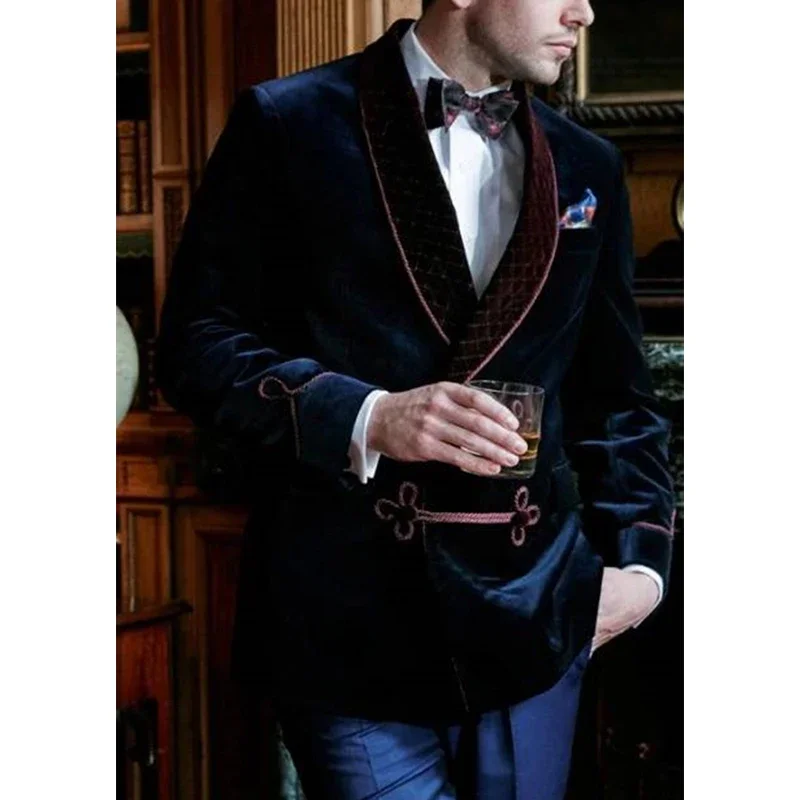 Single Breasted Formal Dinner Blazer Navy Blue Velvet Prom Men Suit Jacket Shawl Lapel Custom Male Fashion Coat 2024