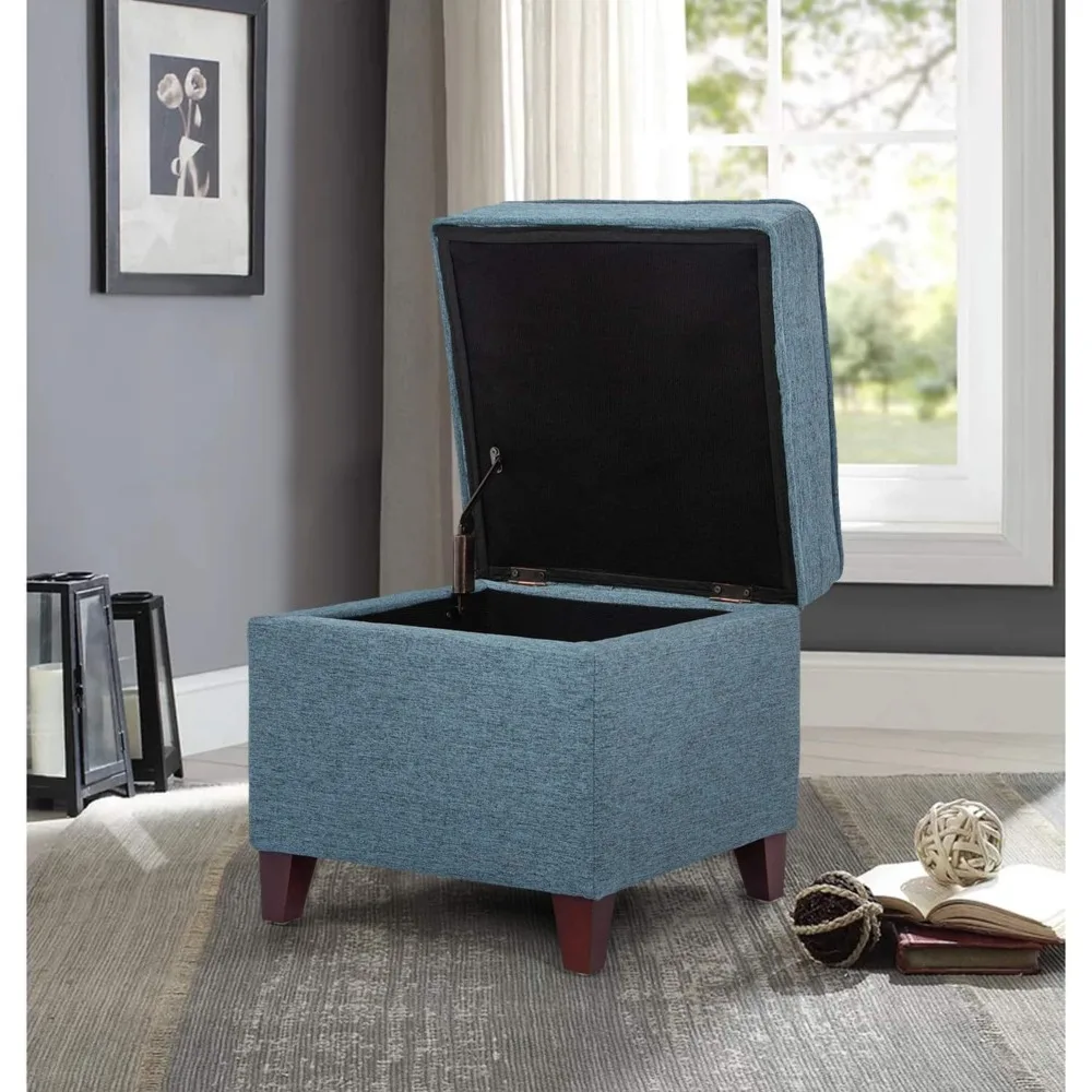 Square footstool with storage space, small storage footstool with hinged lid, blue linen upholstered footstool