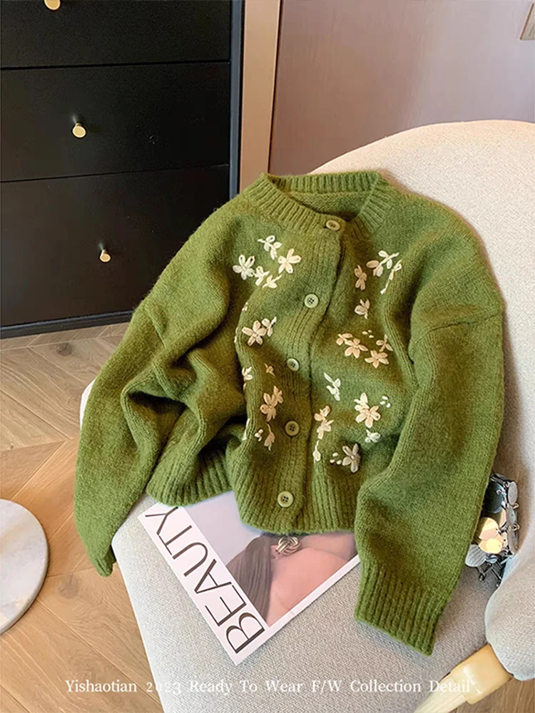 Autumn Winter American Vintage Cozy Cardigan Bohemian Flower Embroidery Prairie Chic Sweater Green Cashmere Top 2000s Aesthetic