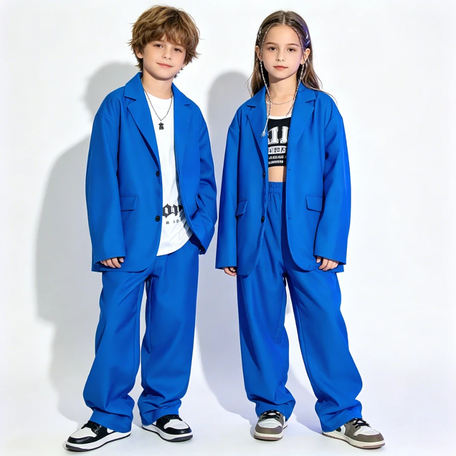 

Unisex Kids Blue Oversized Blazer Pants 2Pcs Set Boys Girls Streetwear Hip Hop Dance Outfit for School Stage Performance Costume