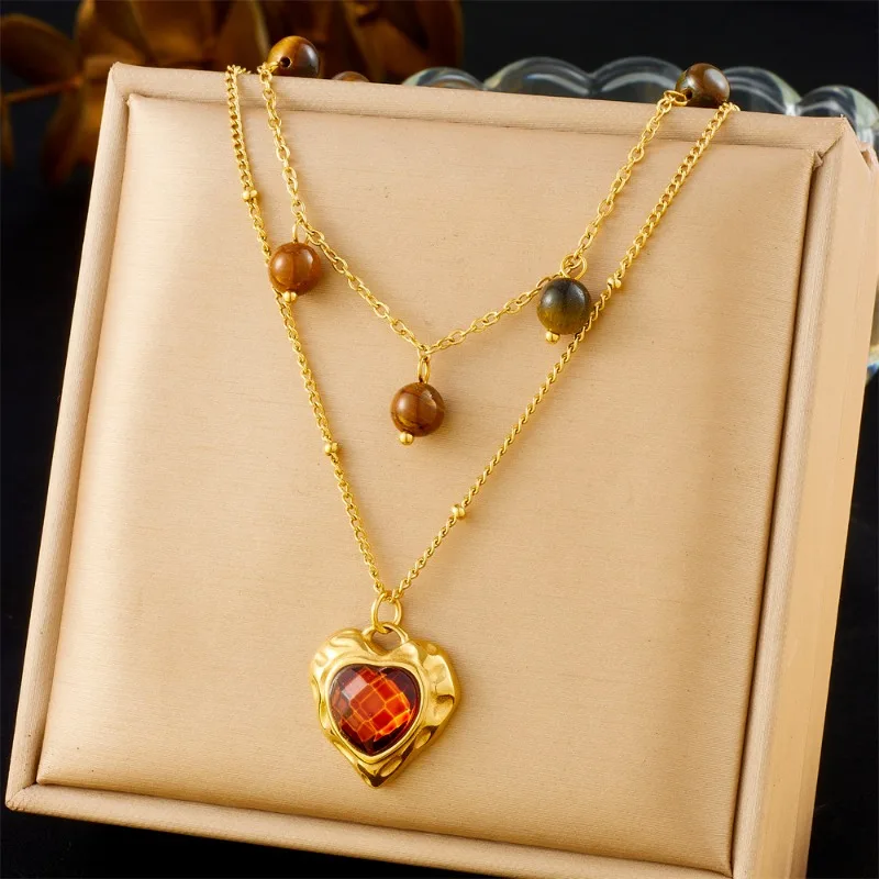 

Minar Textured Natural Stone Tigereye Heart Pendant Necklaces for Women Titanium Steel 18K Gold PVD Plated Double Layers Chokers