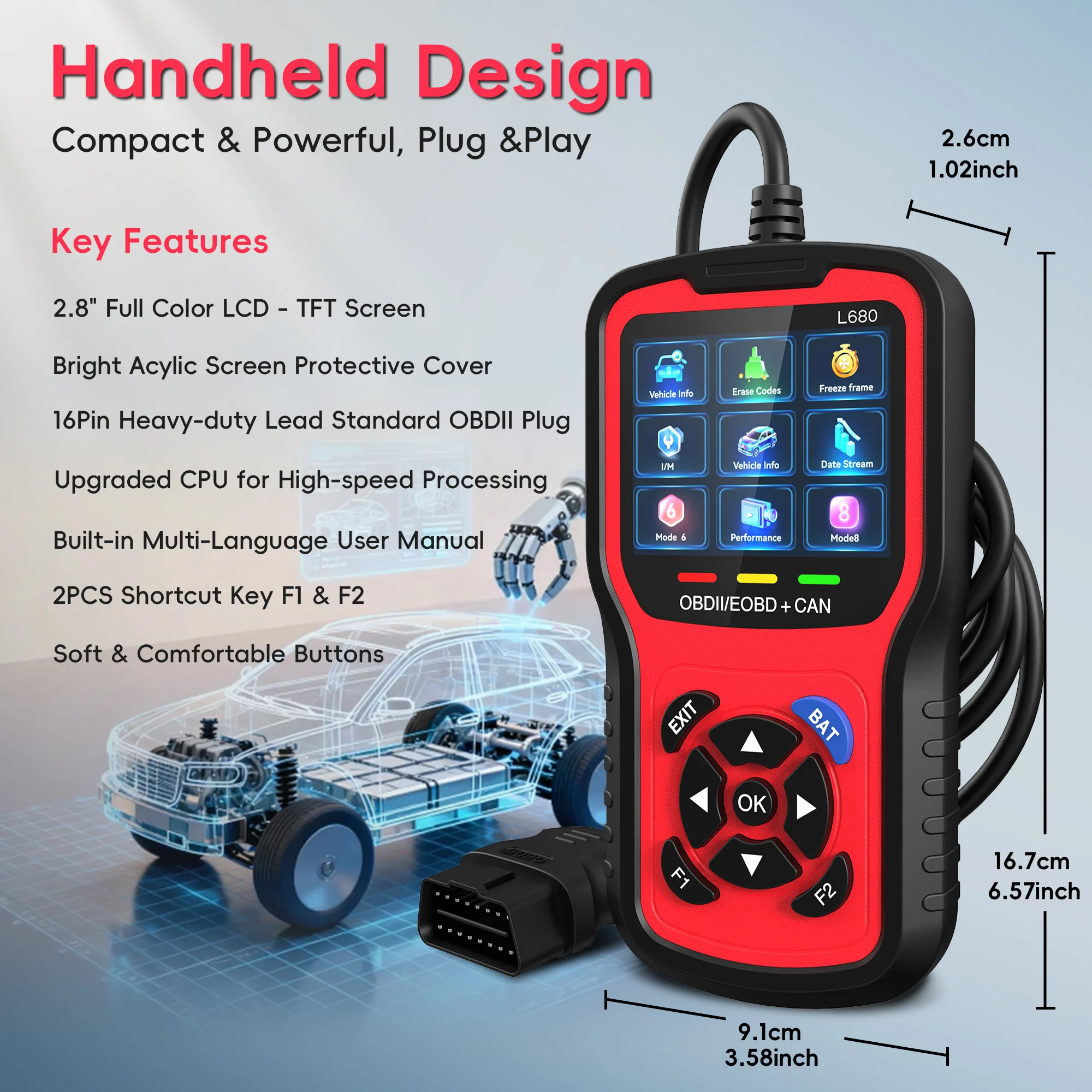 Upgraded OBD2 Scanner Diagnostic Tool, I/M Readiness Battery Test Mode 6/8 Check Engine Light Car Code Reader and Reset Tool
