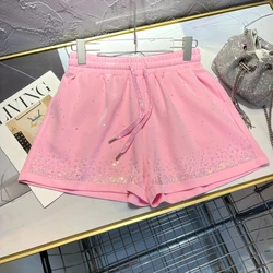 2024 New Summer Pink Shorts Women's Hot Diamond High Waist Loose Wide Leg Casual Shorts