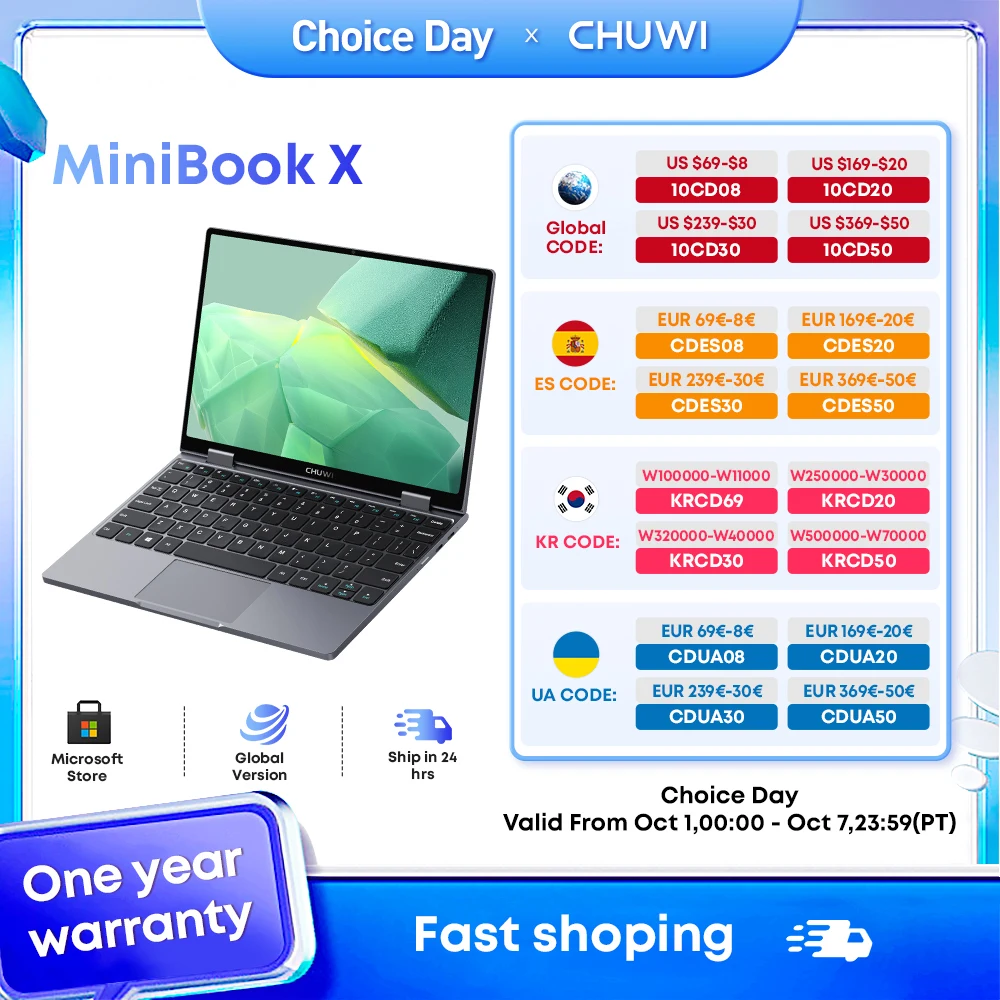 CHUWI MiniBook X 2-in-1 Tablet Laptop Intel N100 Notebook 12GB LPDDR5 512G SSD 10.51