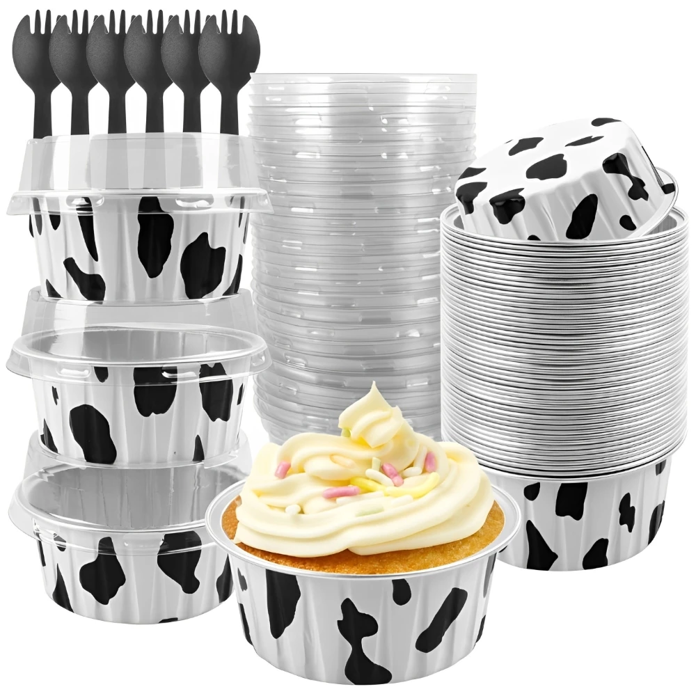 25 Pack of 5 oz Round Aluminium Foil Cake Baking Cups，with Lids and fork Cake Cups Muffin Tins, Mini Cake Pans, Mini Bread Mould