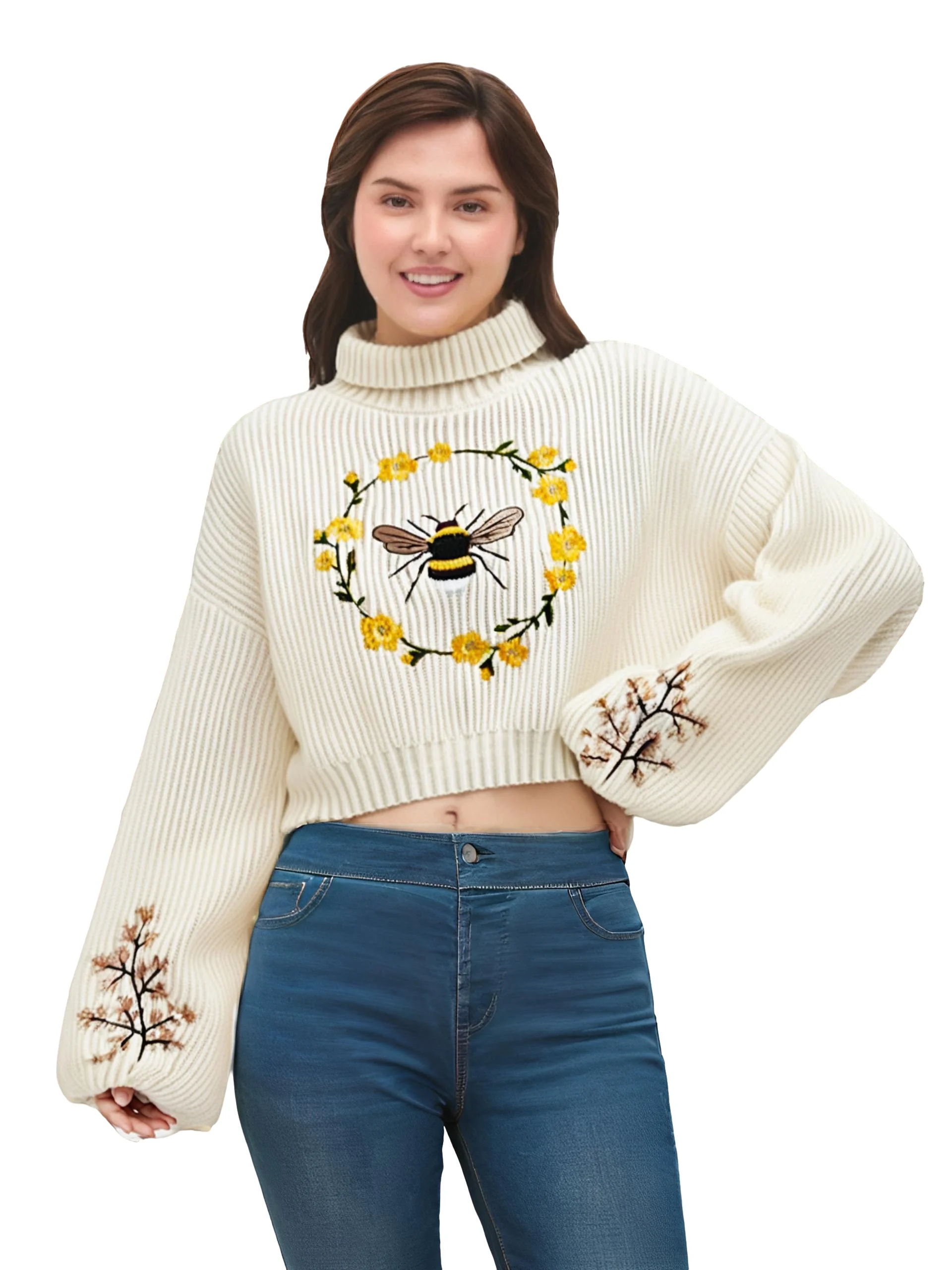 New Autumn and Winter Plus Size Pullover Women's Sweater High-Neck Bee Embroidery Fashionable Casual Loose Knitted Short Women'