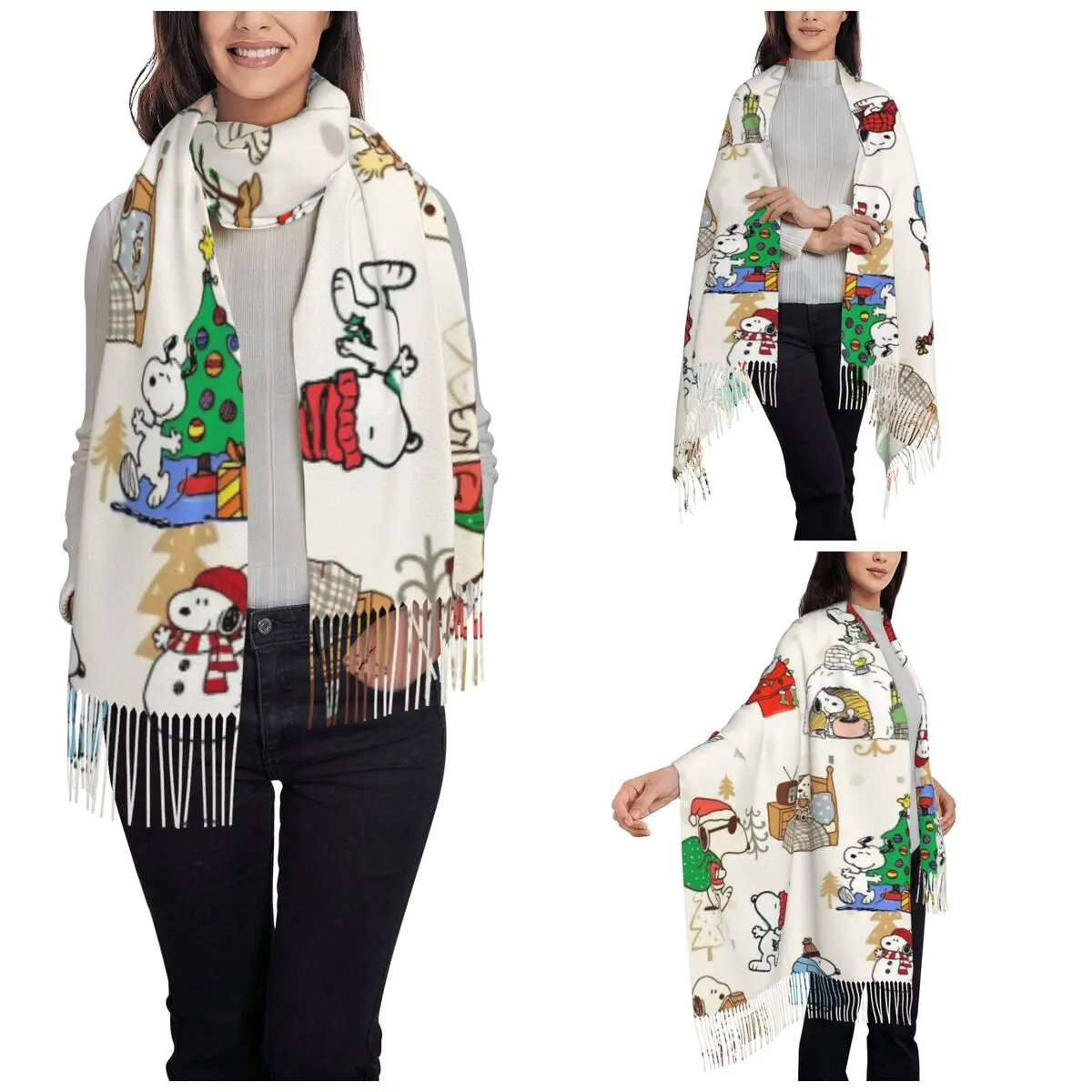 Womens Scarf with Tassel Cartoon Snoopys Christmas Time Long Winter Fall Shawl Wrap Gifts Cashmere Scarf