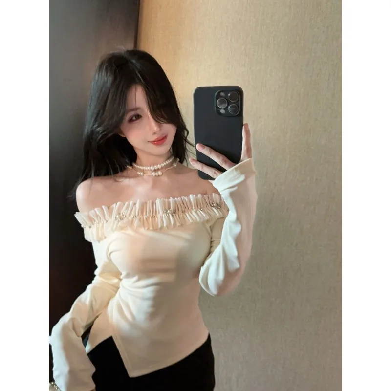 

Рождественская футболка с длинными рукавами, женская осенне-зимняя рубашка на одно плечо с верхом и низом