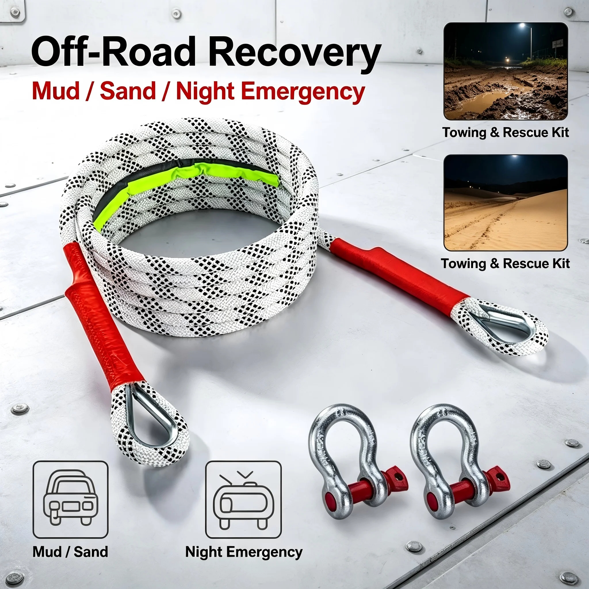 10T 3m Heavy Duty Tow Rope Kit with 2 U-Shaped Hooks High Visibility Reflective Strap for Off-Road Vehicle Recovery
